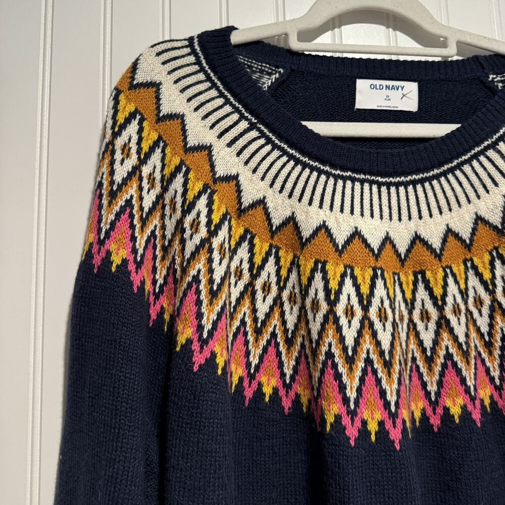 Old Navy Fair Isle Sweater Navy Blue Plus Size 3X Tunic Length - Picture 2 of 5